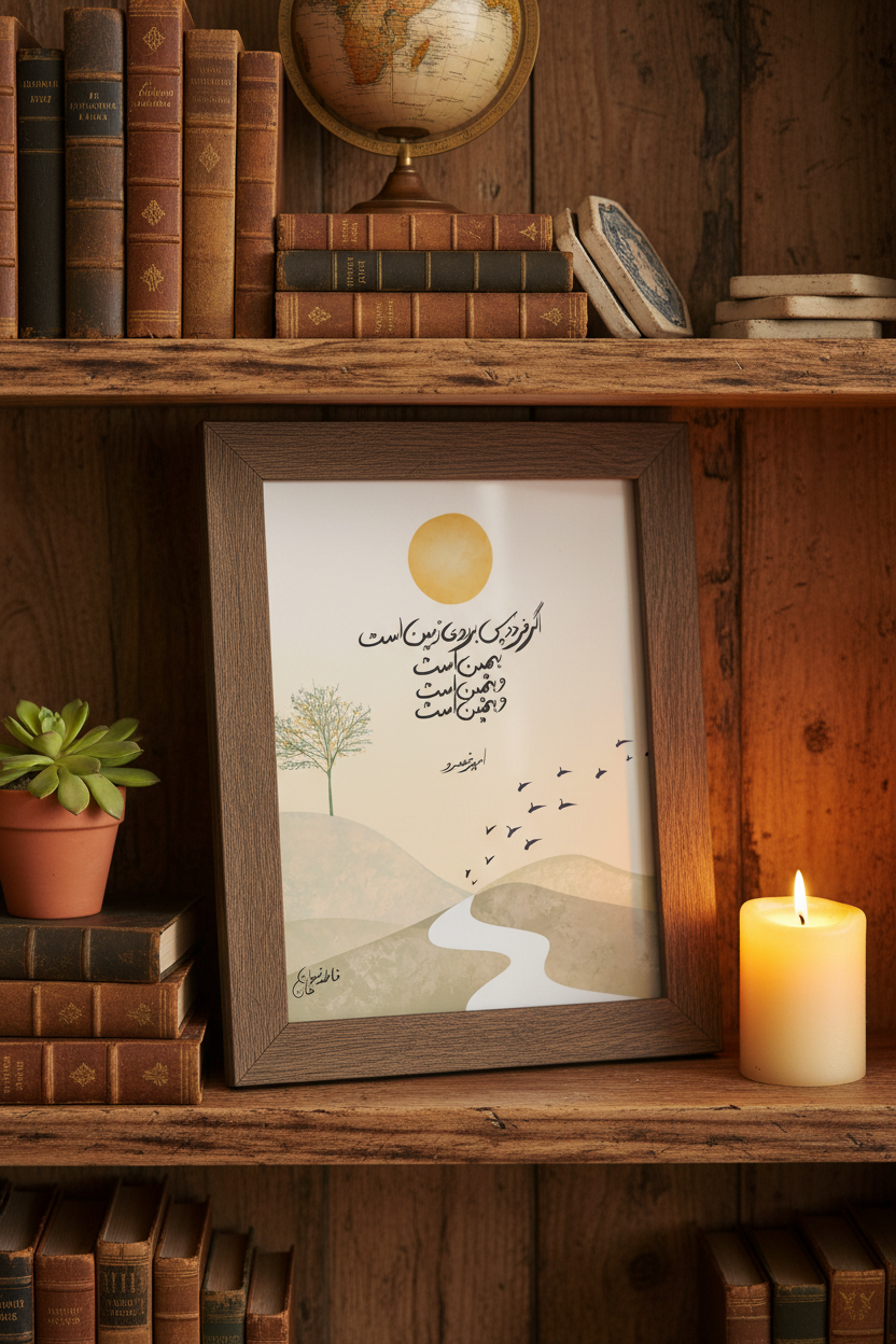 Amir Khusro Agar Firdous art print in dark wood frame resting on rustic bookshelf