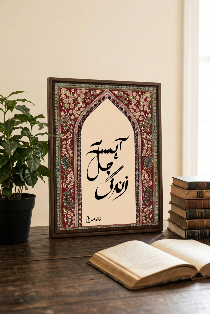 Floral calligraphy in a dark wood frame on a desk with books and a plant