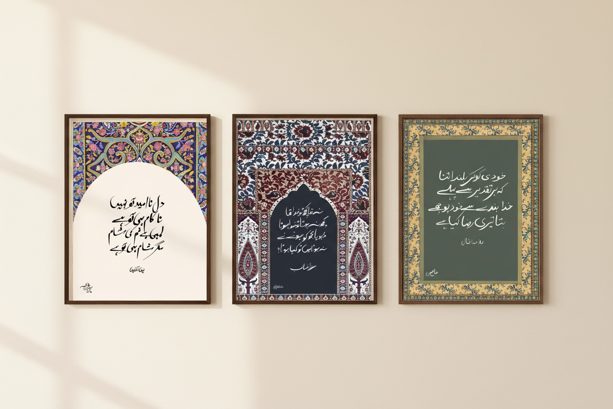 Gallery wall with Nida Fazli, Mirza Ghalib and Allama Iqbal Urdu calligraphy prints in dark brown wood frames