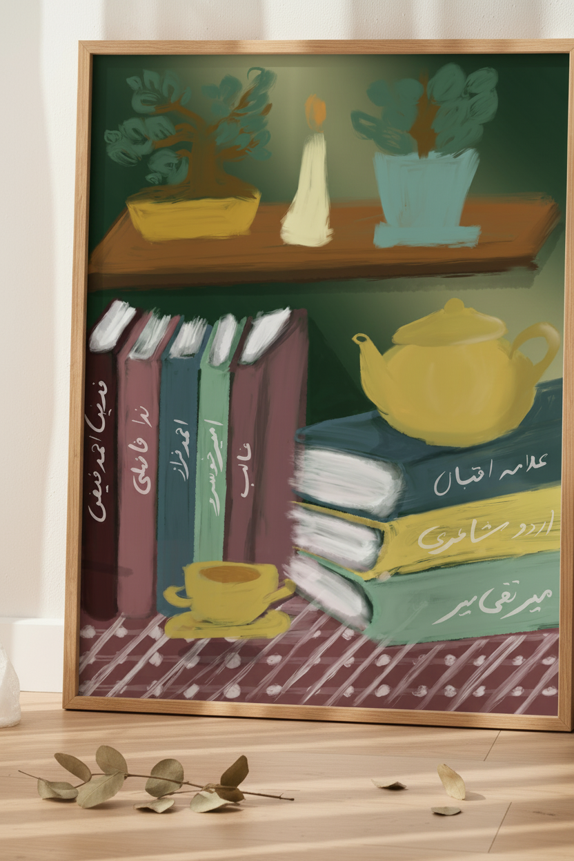 Urdu bookshelf art print in light oak frame leaning against wall on floor, extreme close-up with dappled curtain light