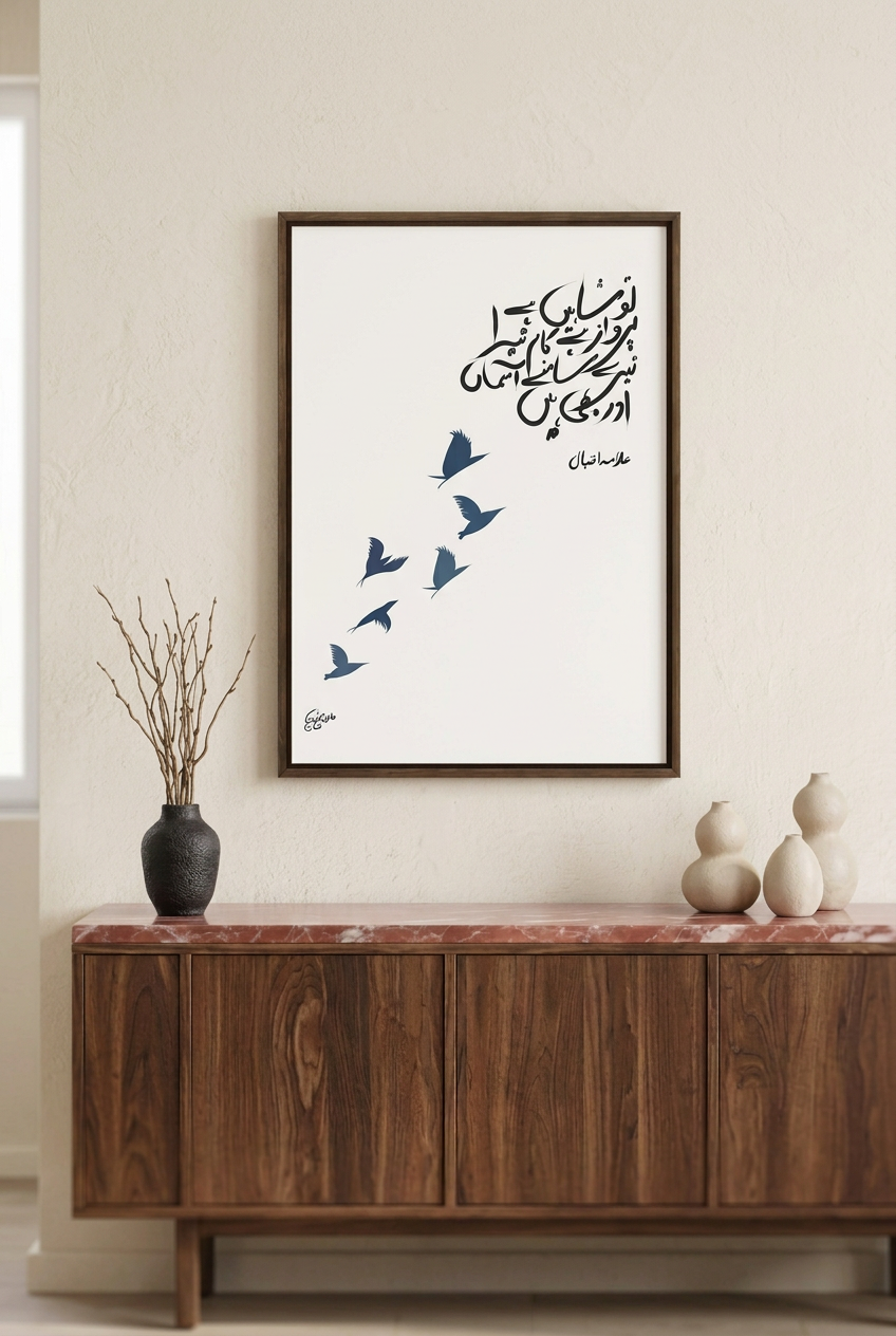 Tou Shaheen Urdu calligraphy in a dark wood frame above a wooden sideboard