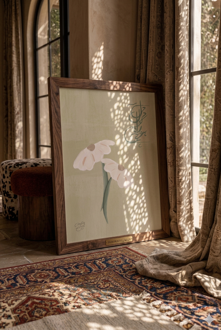 Dil Se Dil Urdu calligraphy with a dark wood frame beside a sunlit window