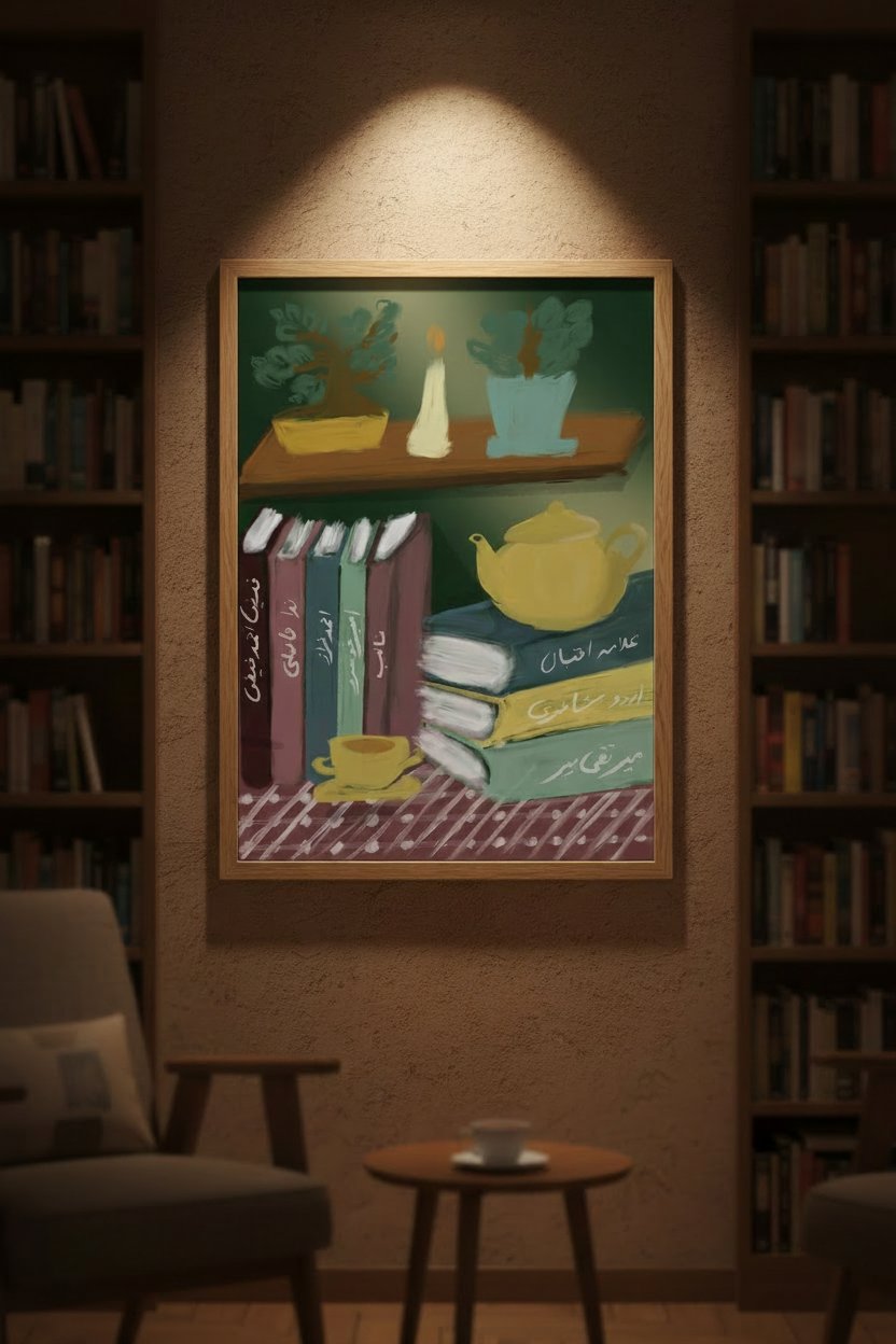 Urdu bookshelf art print in light oak frame hung on library wall with dramatic spotlight