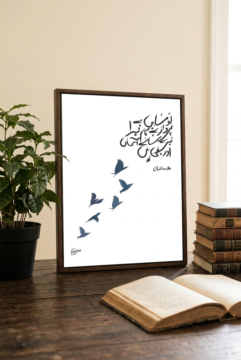 Tou Shaheen Urdu calligraphy in a dark wood frame on a desk with books and a plant