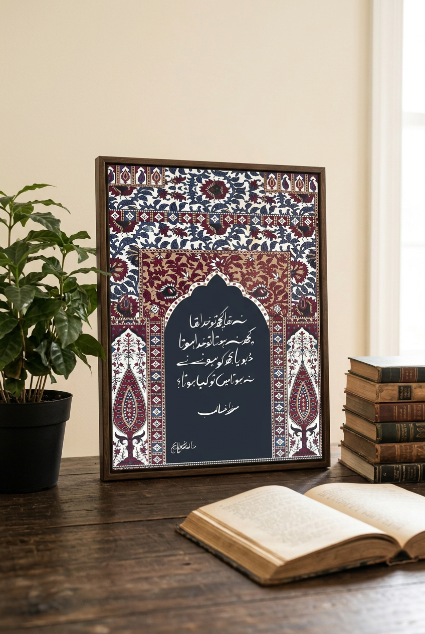 Mirza Ghalib Ajrak art print styled on a desk with books and a leafy plant.